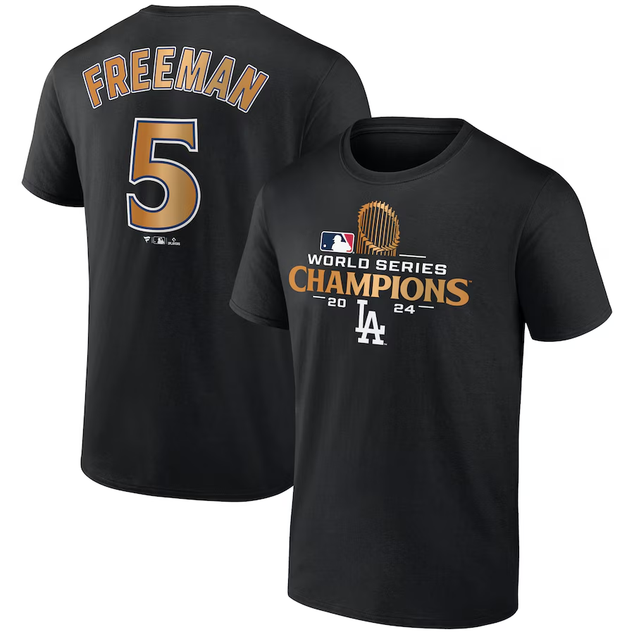 Men Los Angeles Dodgers 5 Freeman 2024 MLB World Series Champions black T shirts